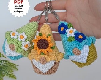 Keychains crochet pattern, Crochet gnome pattern, Mini gnome with flowers, Cute crochet pattern