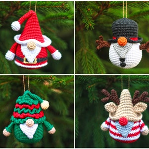 Christmas gnomes crochet patterns 4 in 1 - santa gnome,christmas tree gnome,snowman gnome,reindeer gnome crochet christmas ornaments pattern