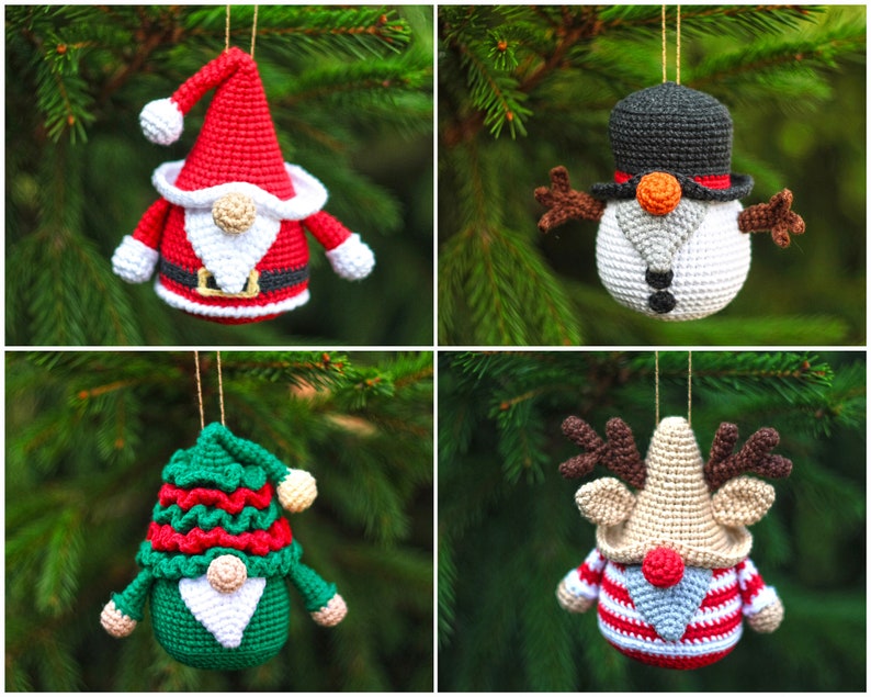 May include: Four crocheted Christmas ornaments hanging from a tree branch. The ornaments are a Santa Claus, a snowman, a reindeer, and a gnome. Each ornament is made with different colored yarn and has a unique design.