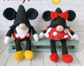 Micky und Minnie Maus Gnome Strickmuster, Strickmuster, Skandinavischer Zwerg gestrickt, Stofftier, DIY Kinderzimmer Dekor, Englisch Anleitung PDF