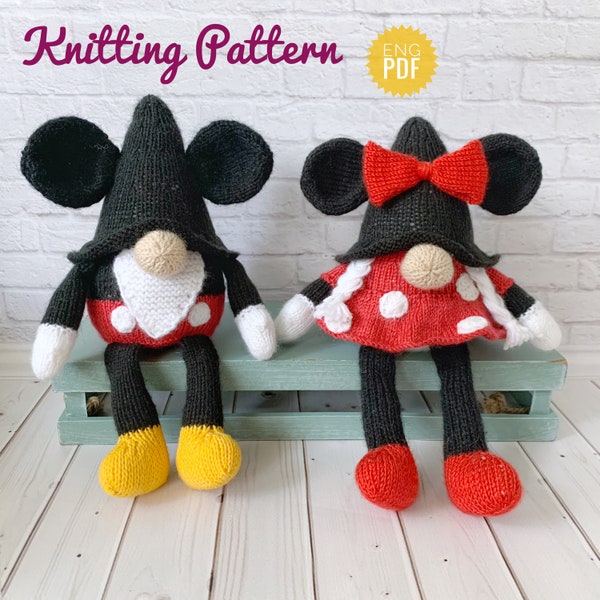 Mickey and Minnie Mouse Gnome’s Knitting Pattern, Knit Scandinavian dwarf, Soft Toy, DIY Nursery decor, English Tutorial PDF