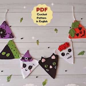 May include: A crochet Halloween banner with six flags featuring a variety of spooky characters, including a ghost, a witch, a black cat, a skull, a pumpkin, and a spider web. The banner is made with colorful yarn and is perfect for decorating for Halloween.