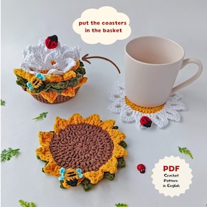 Sunflower stands crochet pattern, Crochet coasters in pot, Daisy stands scheme, Crochet flower pot, Set of scheme