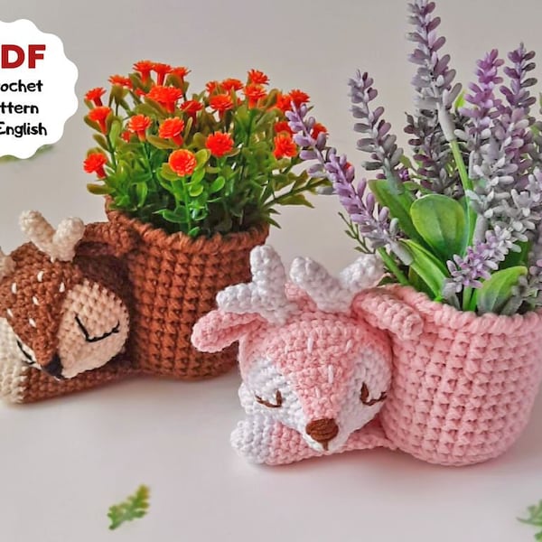 Modèle au crochet DEER PLANTER, Mini pot de fleurs, Pot de jardinière au crochet, Jardinière succulente, Porte-plante au crochet