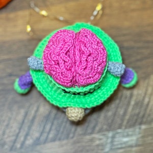 May include: A crocheted green and pink brain-shaped toy with a gray and purple crocheted flower on the side.