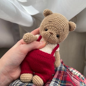 May include: A crocheted teddy bear wearing red overalls. The bear has brown fur and black eyes. The bear is being held by a hand.