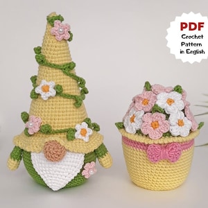 Set of 2 crochet patterns, Gnome with flowers, Crochet teacher gift, Easter crochet pattern, Mother's day gift gnome