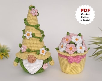Set of 2 crochet patterns, Gnome with flowers, Crochet teacher gift, Easter crochet pattern, Mother's day gift gnome