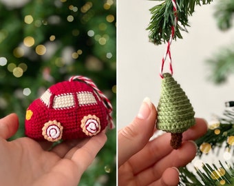 Set of 2 Christmas ornaments crochet PATTERN pdf, crochet car, crochet tree, crochet keychain, amigurumi ornaments, tutorial ENGLISH pdf