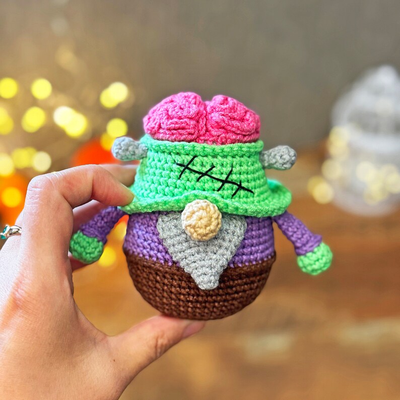 May include: A crocheted gnome with a green hat, purple body, and a pink brain on top. The gnome has a brown beard and a small, round nose.