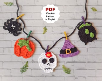 Set of 5 crochet appliques pattern, Halloween appliques, Spider applique, Witch hat applique, Pumpkin applique, Skull applique