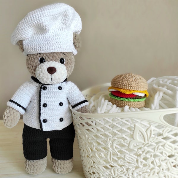Patron amigurumi au crochet - Patron ours chef au crochet - Patron PDF anglais - Patron ours cuisinier au crochet