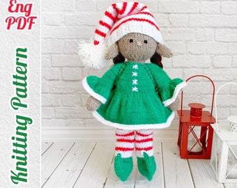 Modèle de tricot de poupée elfe de Noël, assistants du père Noël, jouet en peluche bricolage, décoration de Noël, tutoriel de poupée en peluche PDF en anglais.