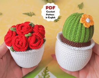Set of 2 crochet patterns, Crochet flowers, Crochet fake succulents, Beginner crochet kit, Thanksgiving day crochet