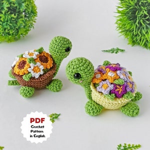 Crochet pattern Turtle with flowers, Mother's day gift turtle, Crochet flowers, No sewing Amigurumi, Crochet Sunflower turtle