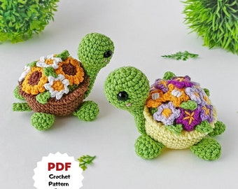 Patron au crochet Tortue avec fleurs, Tortue cadeau fête des mères, Fleurs au crochet, Amigurumi sans couture, Tortue tournesol au crochet