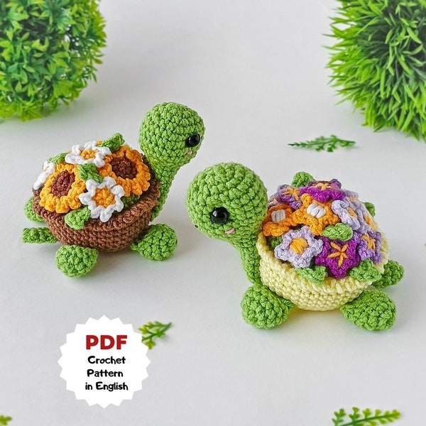 Häkelanleitung Schildkröte mit Blümchen, Geschenk Schildkröte, Häkelblumen, Ohne Nähen Amigurumi, Sonnenblumen-Schildkröte gehäkelt