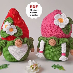 Set of 2 crochet patterns, STRAWBERRY gnome crochet pattern, RASPBERRY gnome crochet pattern, Crochet gnomes, Garden gnome