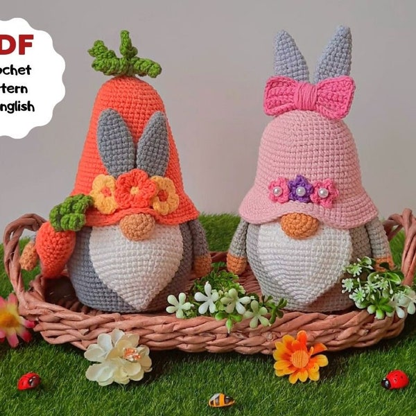 Set of 2 Easter GNOMES crochet pattern, Bunny gnomes crochet pattern, Gnome statue crochet, Easter rabbit gnomes