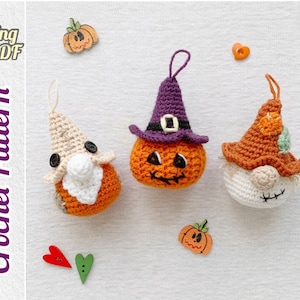 Halloween Ornament Crochet Pattern, Set of 3 crochet patterns, Halloween gift, Stuffed Mini Gnome, Pumpkin Tutorial English PDF.