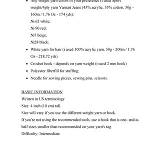 May include: Instructions for crocheting a toy, written in English. The instructions list the materials needed, including yarn, crochet hook, fiberfill, and sewing supplies. The instructions also include basic information about the project, such as the size and difficulty level.
