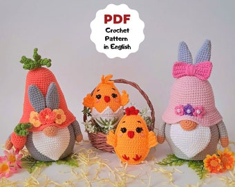 Set of 3 crochet patterns, Easter GNOMES, Easter CHICKENS, Easter decoration crochet pattern, Beginner crochet kit, Cute chickens