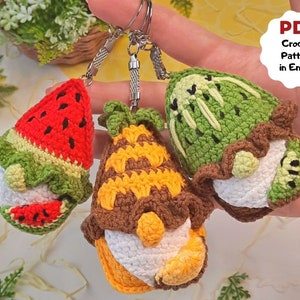 Set of 3 patterns crochet keychains, Crochet pattern gnomes, Cute crochet patterns, Beginner crochet kit, Fruit crochet gnomes