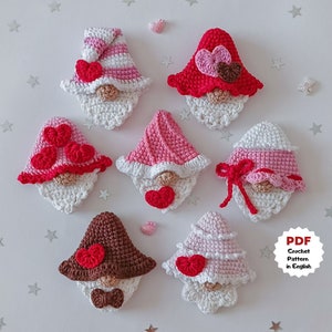 Set of 7 crochet patterns, Valentine’s Day crochet pattern, Crochet gnome with hearts, Cute Valentine’s Day pattern