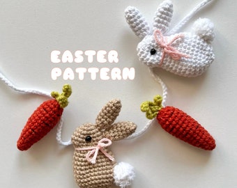 Easter crochet garland PATTERN pdf, spring crochet applique, crochet bunny, boho crochet animals, crochet carrot, tutorial ENGLISH pdf