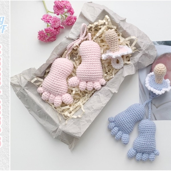 Baby Foot and Pacifier Crochet Parent, Baby Baptism Favors, DIY Baby Shower Gift.