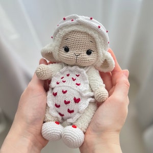 Knitted clothes for doll PATTERN pdf, knitted heart clothes for amigurumi lamb, Valentine’s Day knitting, tutorial ENGLISH