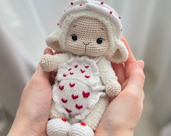 Knitted clothes for doll PATTERN pdf, crochet heart clothes for amigurumi lamb, Valentine’s Day knitting, tutorial ENGLISH