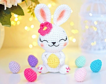 Patrón de crochet de conejito con huevos decoración de pascua - patrón de adornos de pascua amigurumi pequeños - lindo animal crochet decoración de mesa de pascua