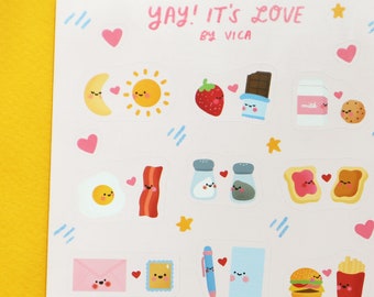 Kawaii Love Planner Sticker Sheet - Cute Stationery - Journal Stickers - Kawaii Food Sticker - Valentines Stickers