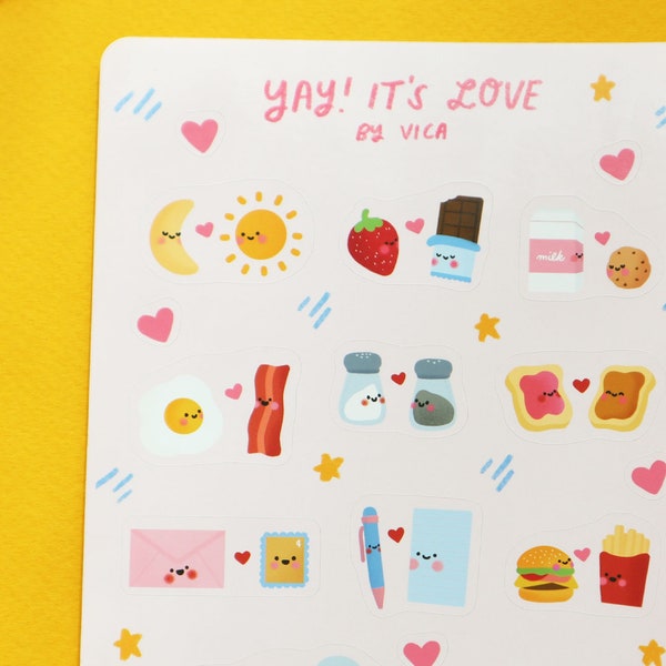 Kawaii Love Planner Sticker Sheet - Cute Stationery - Journal Stickers - Kawaii Food Sticker - Valentines Stickers