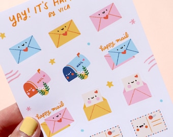 Happy Mail Sticker Sheet - Kawaii Stickers - Cute Stationery - Journal Stickers - Pen Pal Stickers  - Cute Stickers - Cute Sticker Sheet