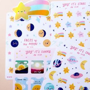 Pacote de adesivos espaciais Kawaii - Papelaria fofa - Adesivos de diário - Adesivos de estrelas - Adesivos espaciais