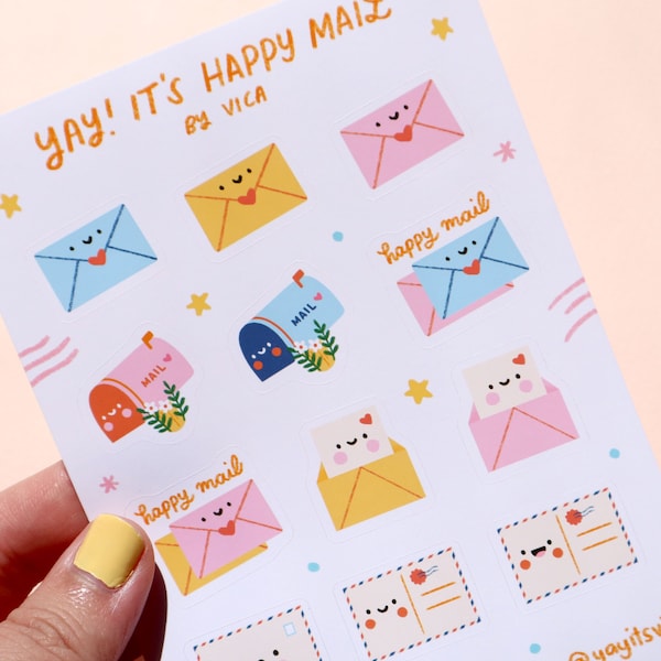 Happy Mail Sticker Sheet - Kawaii Stickers - Cute Stationery - Journal Stickers - Pen Pal Stickers  - Cute Stickers - Cute Sticker Sheet