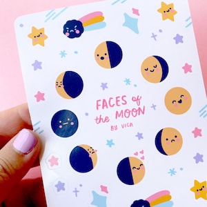 Folha de adesivos do planejador de rostos da lua - Adesivos de diário - Adesivos Kawaii - Adesivos de lua - Adesivos de estrelas - Adesivos de espaço