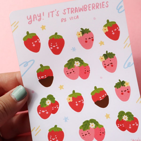 Strawberry Sticker Sheet - Kawaii Stickers - Cute Stationery - Journal Stickers - Strawberry Stickers  - Cute Stickers - Cute Sticker Sheet