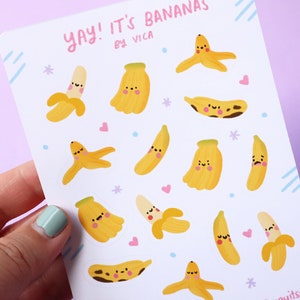 Feuille d'autocollants bananes - Stickers kawaii - Papeterie mignonne - Stickers journaux - Stickers bananes - Stickers mignons - Jolie feuille d'autocollants
