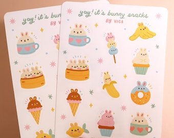 Kawaii Bunny Snacks Sticker Sheet - Kawaii Food Stickers  - Cute Journal Stickers  - Bear Stickers - Cute Food Stickers - Cute Sticker Sheet