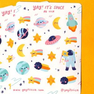 Folha de adesivos do planejador de espaço Kawaii - Artigos de papelaria fofos - Adesivos de diário - Adesivos de estrelas - Adesivos de espaço
