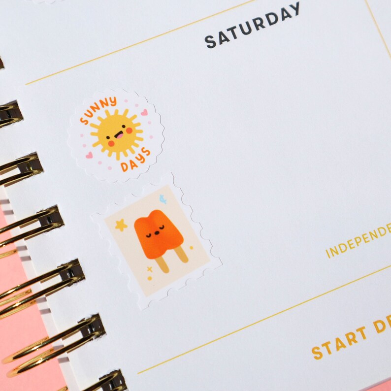 Pu&ograve; includere: Una pagina di un planner bianca con la parola "SABATO" stampata in nero nella parte superiore. Due adesivi sono posizionati sulla pagina. Il primo adesivo &egrave; un adesivo rotondo con un sole giallo con un viso sorridente e le parole "SUNNY DAYS" stampate in nero. Il secondo adesivo &egrave; un adesivo quadrato con un ghiacciolo arancione dei cartoni animati con un viso sorridente.