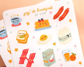 Kawaii Breakfast Planner Sticker Sheet - Cute Stationery - Journal Stickers - Kawaii Food Stickers - Egg Stickers - Kawaii Stickers