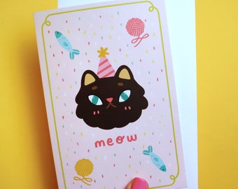 Meow Birthday Cat Greeting Card - Cute Greeting Card - Kawaii Art - Cat Greeting Card - Cat Celebration Card - Birthday Card