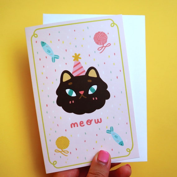 Meow Birthday Cat Greeting Card - Cute Greeting Card - Kawaii Art - Cat Greeting Card - Cat Celebration Card - Birthday Card