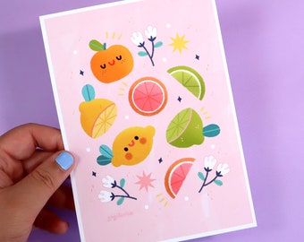 5x7" Citrus Fruit Art Print - Fruit Art - Fruit Illustration - Kawaii Art - Cute Wall Art - Kawaii Fruit - Cute Art Print