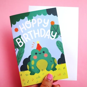 Hoppy verjaardag kikker wenskaart - schattige wenskaart - kawaii kunst - kikker wenskaart - kikker verjaardagskaart - verjaardagskaart