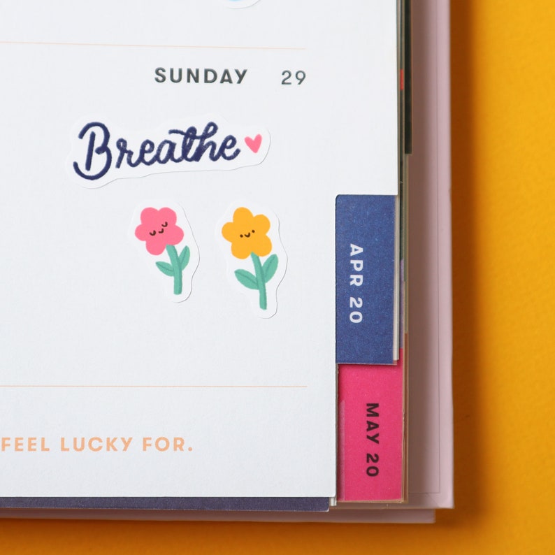 May include: A white planner with a blue tab labeled "APR 20" and a pink tab labeled "MAY 20". The planner has a sticker that says "Breathe" with a heart. There are also two flower stickers with smiley faces.